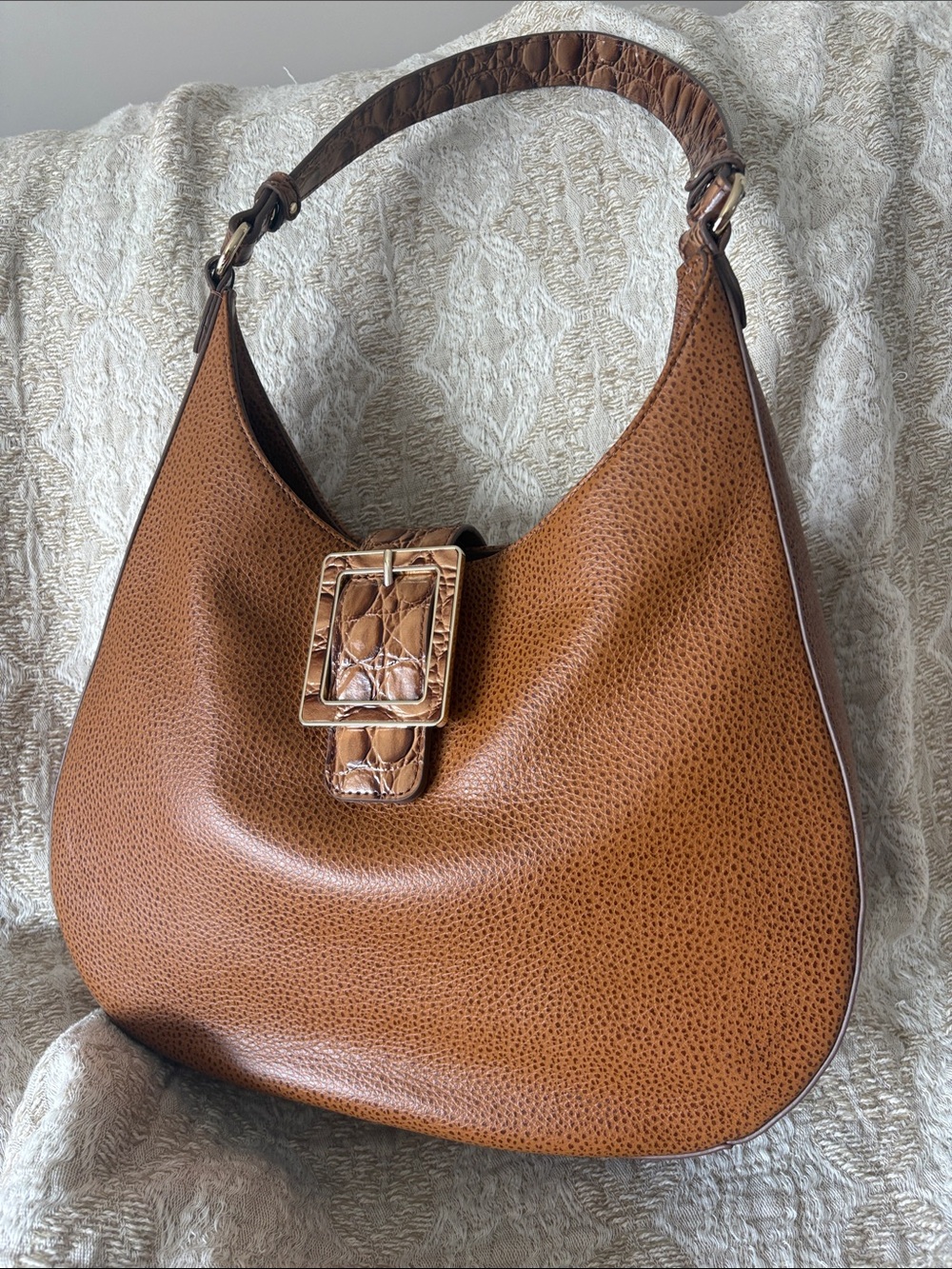 Brahmin Cognac Pebbled Leather Hobo with Croc-Trim Buckle